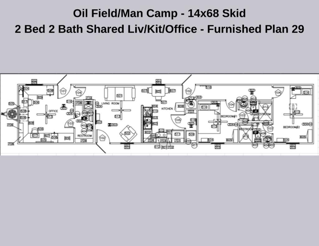 Oilfield Man Camp 14×68 Skid 2 Bed 2 Bath shared Liv Kit Office- furnished plan